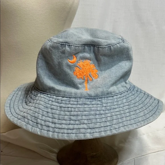 SC Denim Bucket Hat with Orange South Carolina Embroidered Palmetto Tree & moon - Picture 2 of 6